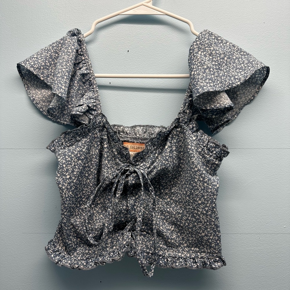 Women’s OG Collective Blue Floral Ruffle Sleeve Babydoll Blouse Square Neck XS